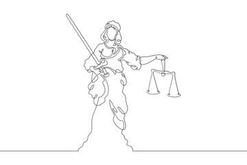 Statue of justice.Greek goddess of justice Themis.Woman with sword and scales. One continuous line drawing. Linear. Hand drawn, white background. One line