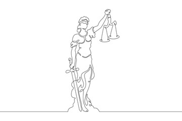 Fototapeta na wymiar Statue of justice.Greek goddess of justice Themis.Woman with sword and scales. One continuous line drawing. Linear. Hand drawn, white background. One line