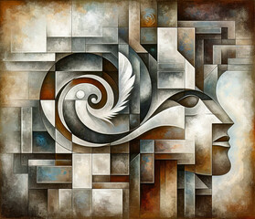 Cubist-inspired digital painting of a stylized human profile with geometric shapes and a feather-like swirl, in a muted earth-tone color palette.Art concept. AI generated.
