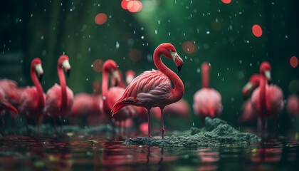 flamingos against a green background. 