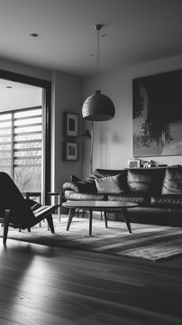 Black and white photo of a cozy living room