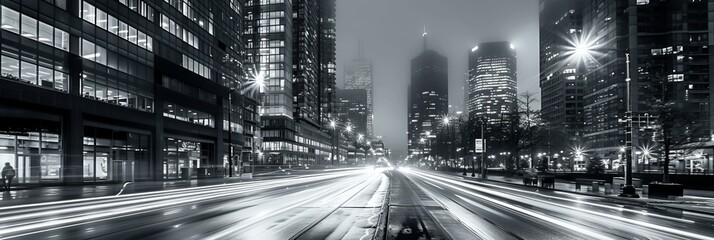 Black and white photo of a street with cars and high-rise buildings