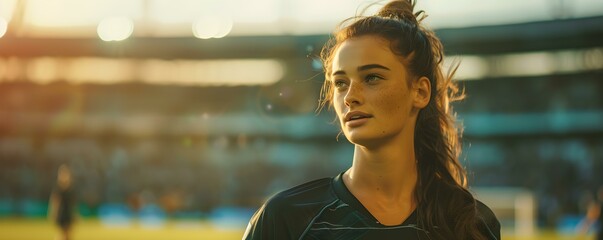 A talented female Aussie footballer showcasing her skills on a stadium field. Concept Sporting...