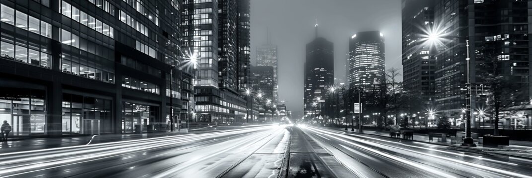 Fototapeta Black and white photo of a street with cars and high-rise buildings