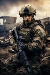 uniformed soldier deployed in a war zone on a mission