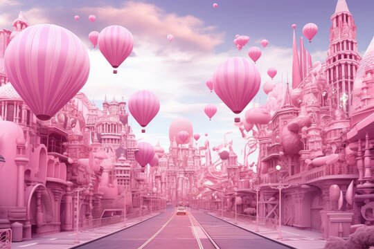 Pink digital city. Abstract building. Generate Ai