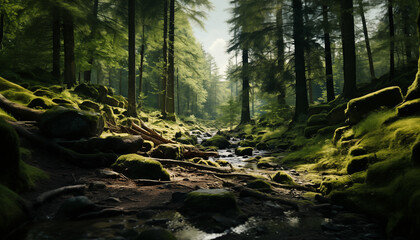 forest with big trees and moss.  - obrazy, fototapety, plakaty