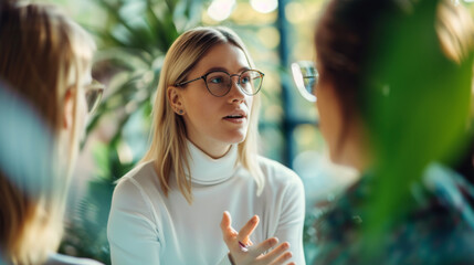 A woman in a white turtleneck and glasses is actively engaged in a conversation, gesturing with her hands in an office setting surrounded by lush green plants. - obrazy, fototapety, plakaty