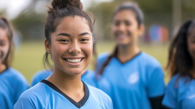 Happy confident young female football soccer player together with her teammates outdoor on the field, concept of teenager soccer training, teamwork, female player, sports.