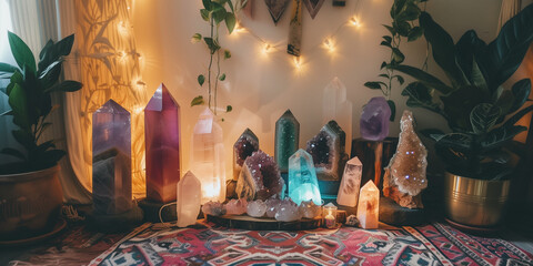 Crystals altar idea. Creating sacred meditaion space with good vibes for home, Crystals, minerals and gemstones displayed on a table, concept of raw, lifestyle.