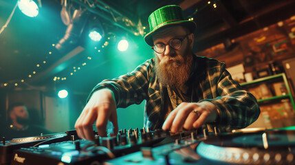 St Patrick's Day Dj party concept, beard Irish man wearing Leprechaun costume and working on music equipment on glowing celebration background.