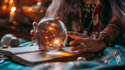 Hands of an female fortune teller around a crystal ball, Magic crystal ball in a hands on vintage ethnic backgrounds. - obrazy, fototapety, plakaty