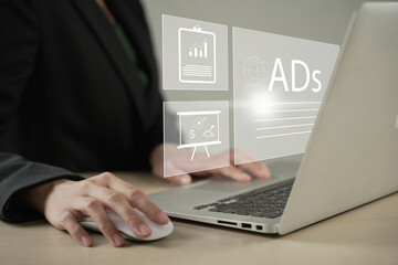 Digital marketing commerce online sale concept, Businessman use laptop with advertising on website....