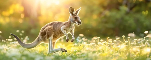 Zelfklevend Fotobehang A playful kangaroo hopping through a verdant Australian outback landscape. Concept Kangaroo Wildlife, Australian Outback, Playful Hopping, Verdant Landscape, © Ян Заболотний