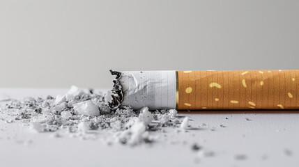 Obraz premium A single cigarette with a burnt filter and ash on a white background.