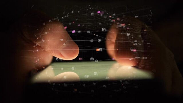 CG footage about the mathematical basis of the universe. Against the background of the smartphone used, a network of lines and curves with digital data