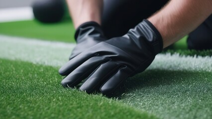 close-up of male hands in gloves laying green artificial turf on his site, artificial turf