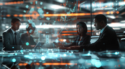 A team of professionals is intently analyzing digital data on futuristic transparent screens in a high-tech corporate environment.