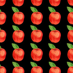 Watercolor seamless pattern. Red apples with green leaves, hand drawn in watercolor. Suitable for printing on fabric and paper, for kitchen decoration, design of dishes and towels, tablecloths