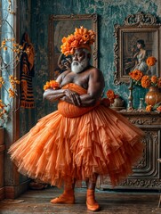 eine Person in einem orangefarbenen Tutu, umgeben von Blumen und in einem Raum mit Vintage-Dekor. Eine Person trägt einen Kranz aus orangefarbenen Blumen auf dem Kopf und hält eine Blume in der Hand - obrazy, fototapety, plakaty