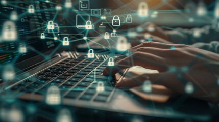 A pair of hands is typing on a laptop keyboard overlayed with graphics of digital locks, symbolizing cybersecurity and data protection.
