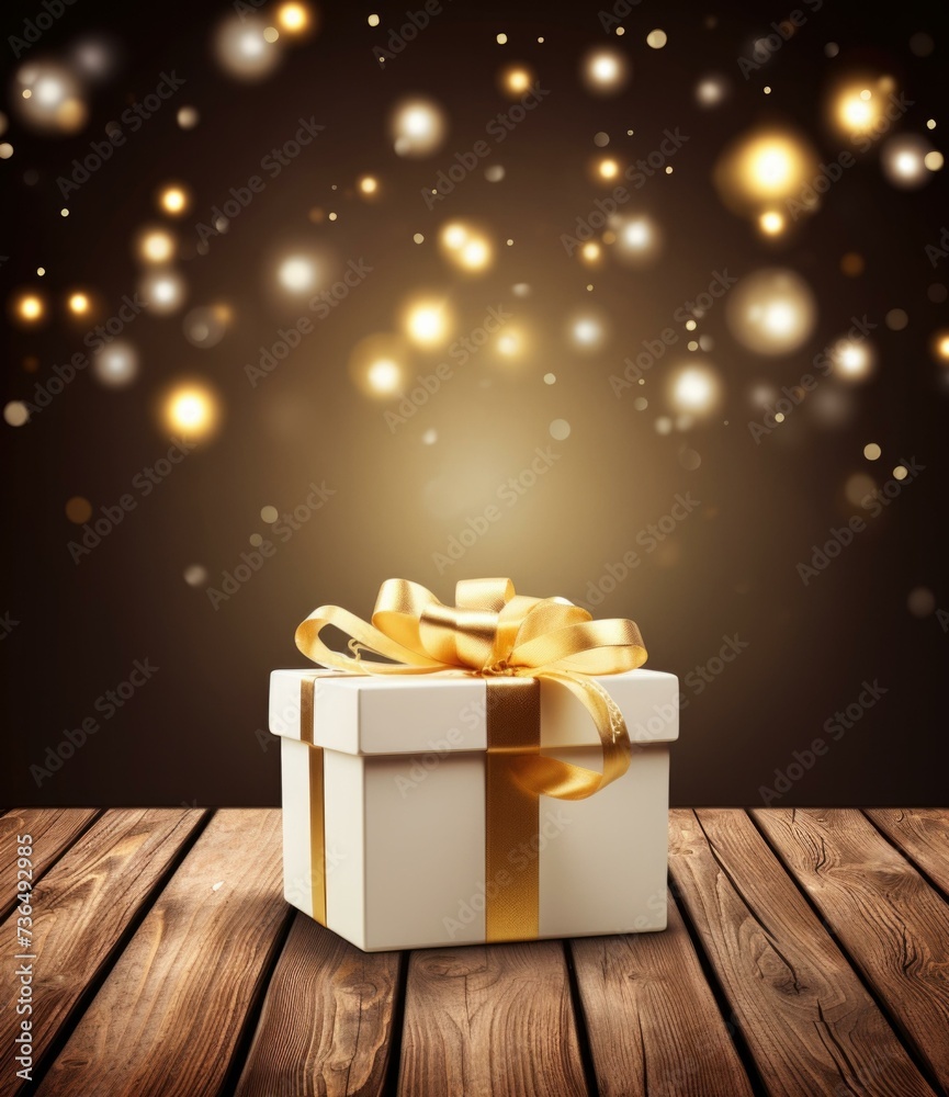 Canvas Prints A gift box with a golden ribbon on a wooden table with stars. Generative AI.