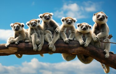 Fototapeta premium A group of lemurs sitting on a branch. Generative AI.