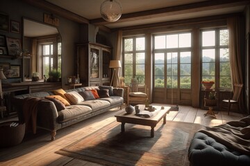 Naklejka premium Living room nterior in Country style house.