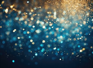 Gold and blue glittering lights on a dark background. Generative AI.