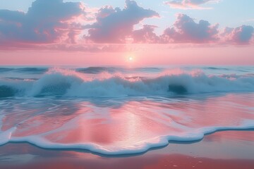 beach at sunrise, with gentle waves lapping against the shore and sky with pastel colors