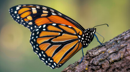 Obraz premium A Monarch butterfly with intricately patterned orange and black wings resting on a textured, brown surface against a blurred green background.