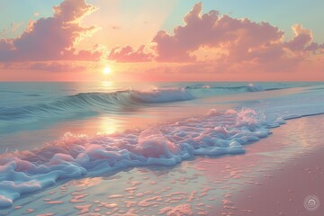 beach at sunrise, with gentle waves lapping against the shore and sky with pastel colors - obrazy, fototapety, plakaty