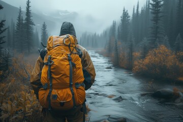 hiker with an oversized backpack stands at the edge of a river - obrazy, fototapety, plakaty