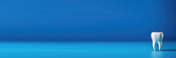 Obraz premium International Dentist Day, white tooth figurine, dental office, professional teeth cleaning, blue background, horizontal web banner, place for text