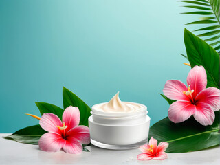 Obraz na płótnie Canvas Skin care cream with tropical flowers and leaves. Empty copy space for your text