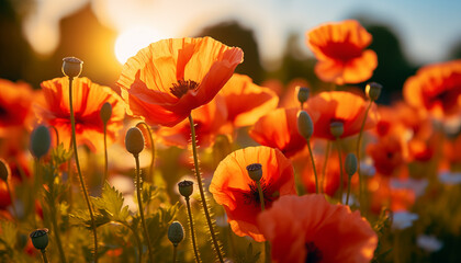 poppy field in sunlight. poppy flowers closeup background. - obrazy, fototapety, plakaty