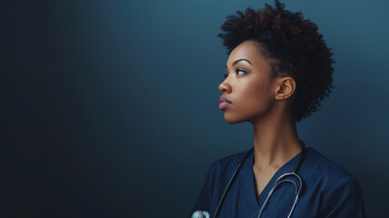 A healthcare professional in blue scrubs with a stethoscope around the neck is profiled against a blue background. - obrazy, fototapety, plakaty