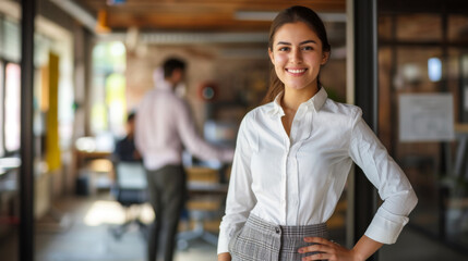 A confident young woman in professional attire stands with her hands on her hips, smiling in a modern office environment.