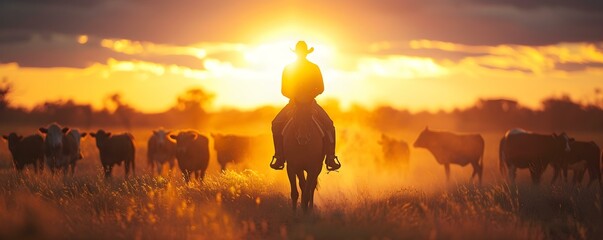 Scenic Australian Outback: A Man on Horse Herds Cattle at Sunset. Concept Sunset in the Outback, Australian Cattle Herding, Horseback Photography, Scenic Landscapes, Rustic Lifestyle - obrazy, fototapety, plakaty