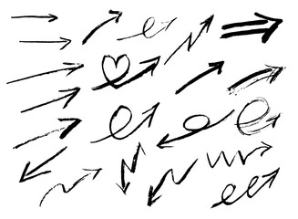 Set of arrows drawn by hand. Pencil strokes. Brushes of different shapes on a black background. Vector brushes in grunge style. Vector horizontal lines in pencil. Vector lines coal, drawn by hand.