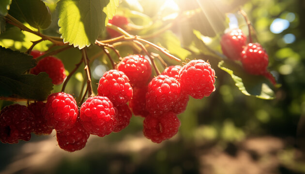 raspberry berry on a branch in sunlight background. ripe raspberries, harvest.