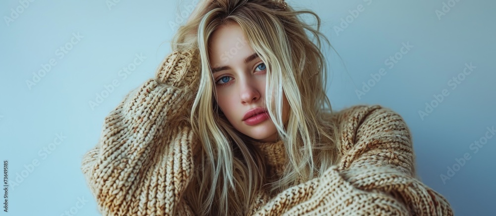 Poster blonde caucasian girl wearing an oversized cozy sweater, seen in a studio shot.