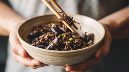 A plate of cooked grasshoppers being picked up with chopsticks, representing an exotic and sustainable source of protein in culinary cuisine.