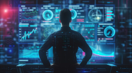 The photo captures a person from behind looking at a complex array of digital screens with various data and graphs in a high-tech control room environment.