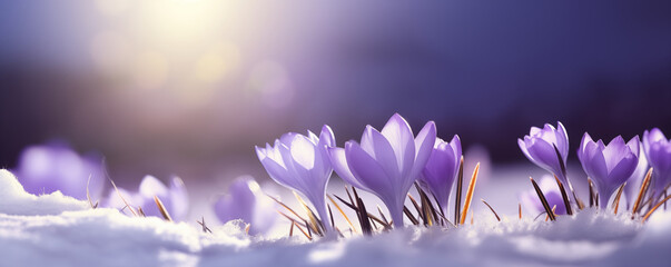 Purple crocus flowers blooming in snow in the soft morning light, generated by ai