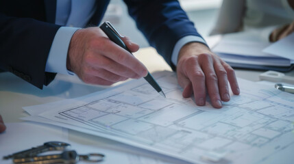 An architect is engrossed in refining a blueprint on a well-lit drafting table.