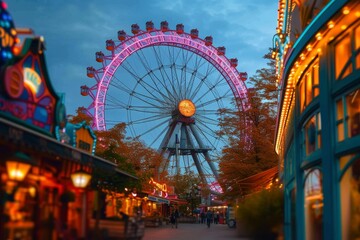 A dazzling ferris wheel illuminates the night sky, beckoning tourists to ride and experience the thrill of the city's bustling streets and vibrant fair atmosphere
