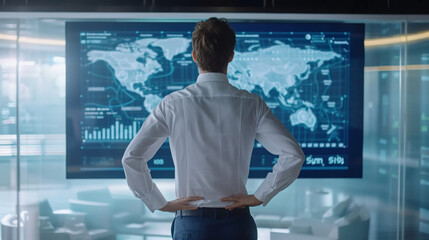 The photo captures a person from behind looking at a complex array of digital screens with various data and graphs in a high-tech control room environment.