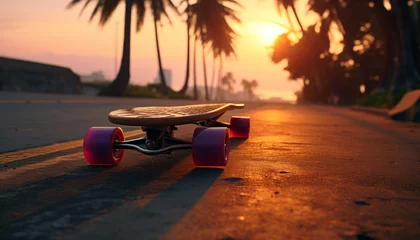 Schilderijen op glas skateboard against the background of palm trees at sunset. active lifestyle in summer. © Juli Puli