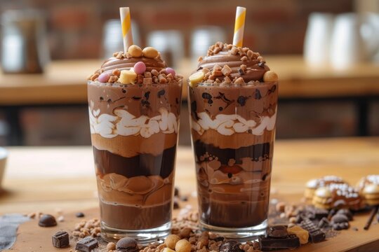 Indulge in the creamy decadence of two rich chocolate milkshakes, served on a table surrounded by delicious snacks and a frappa coffee, creating a perfect indoor treat for any dairy lover